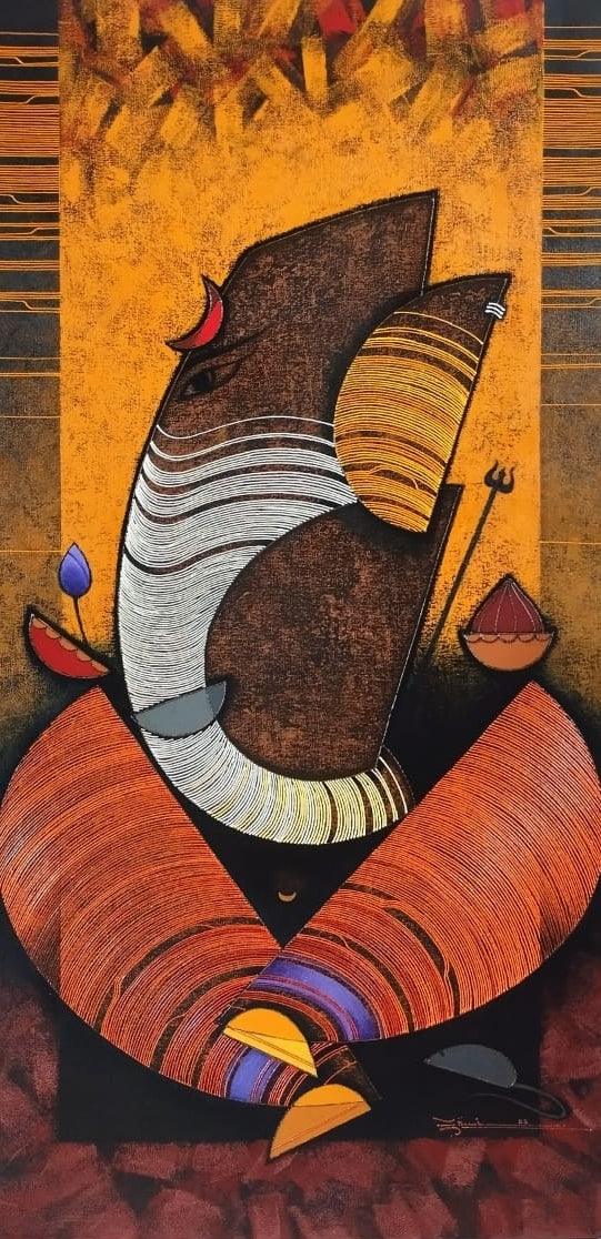 Religious acrylic painting titled 'Mahaganapati', 48x24 inches, by artist Rahul Dangat on Canvas