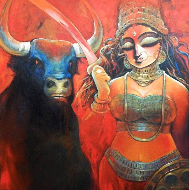 Religious acrylic painting titled 'Mahamaya', 36x36 inches, by artist Subrata Ghosh on Canvas