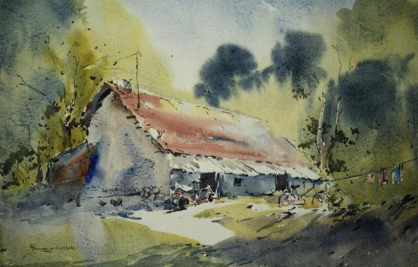 Landscape watercolor painting titled 'Maharajbagh Hut', 14x20 inches, by artist Ghanshyam Dongarwar on cold pressed