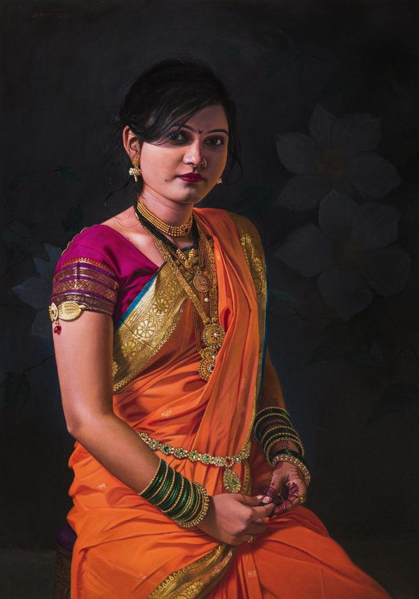 Figurative oil painting titled 'Maharashtrian Girl', 60x42 inches, by artist Mahesh Soundatte on Linen