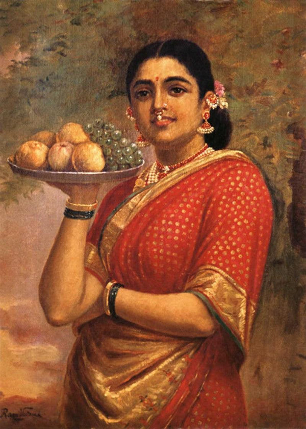 Figurative oil painting titled 'Maharashtrian Lady', 36x26 inches, by artist Raja Ravi Varma Reproduction on Canvas