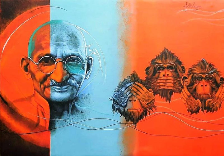 Figurative acrylic painting titled 'Mahatma Gandhi', 23x32 inches, by artist Kriti K.C. Saxena on Canvas