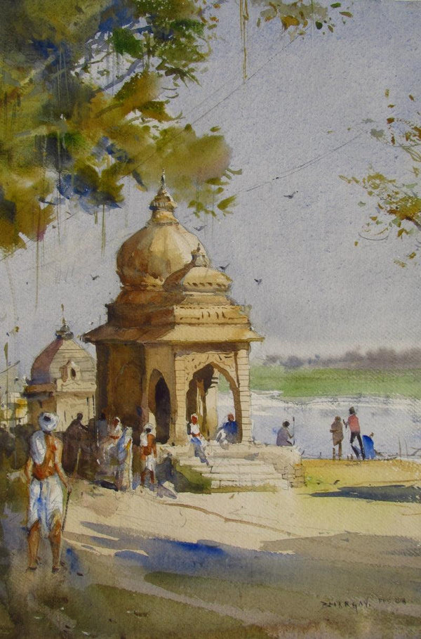 Cityscape watercolor painting titled 'Maheshwar 2', 22x14 inches, by artist Bhargavkumar Kulkarni on Paper