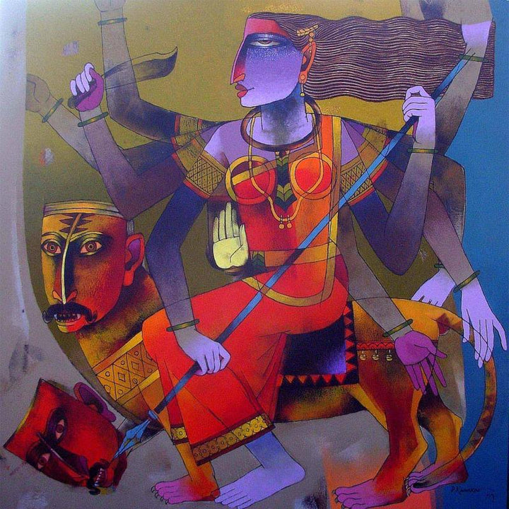 Figurative oil painting titled 'Mahishamardini', 48x48 inches, by artist Dayanand Karmakar on Canvas