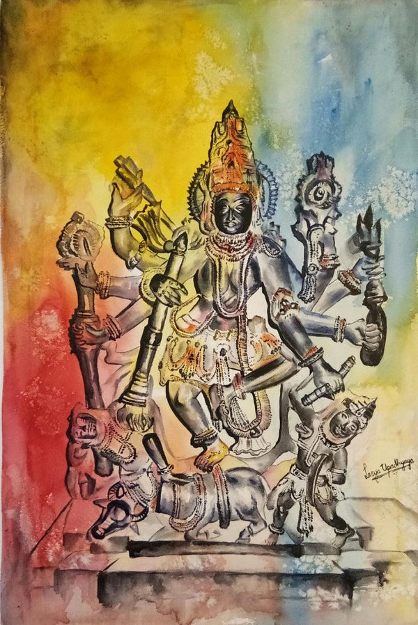 Figurative watercolor painting titled 'Mahishasura Mardini', 14x21 inches, by artist Lasya Upadhyaya on Paper