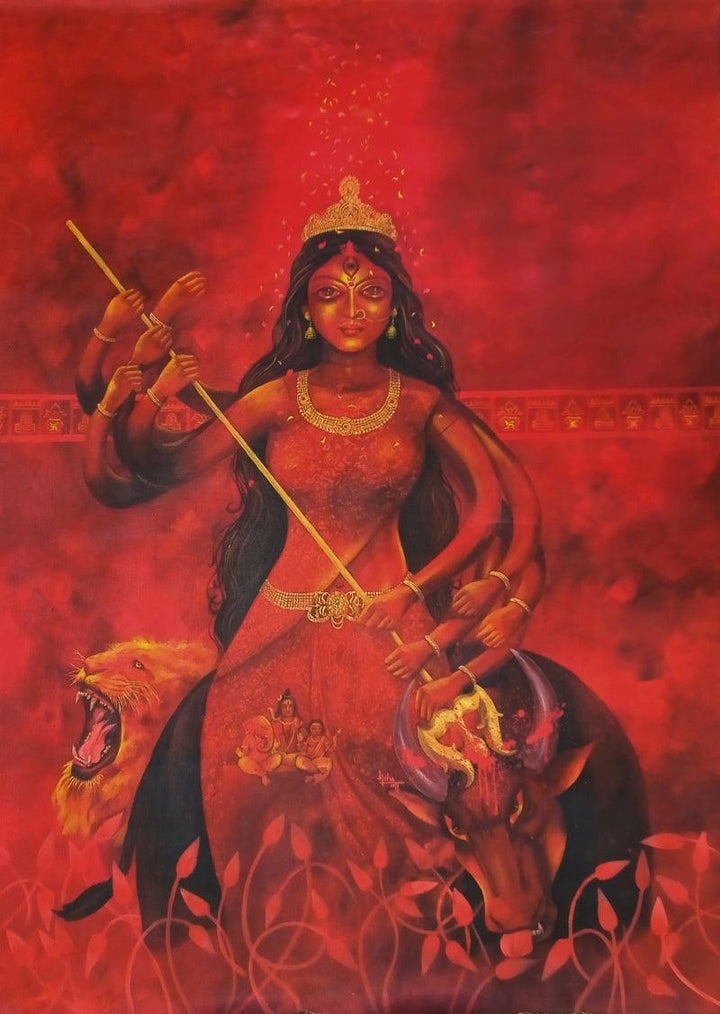 Religious acrylic painting titled 'Mahishasuramardhini Durga', 45x31 inches, by artist Lisha N T on Canvas