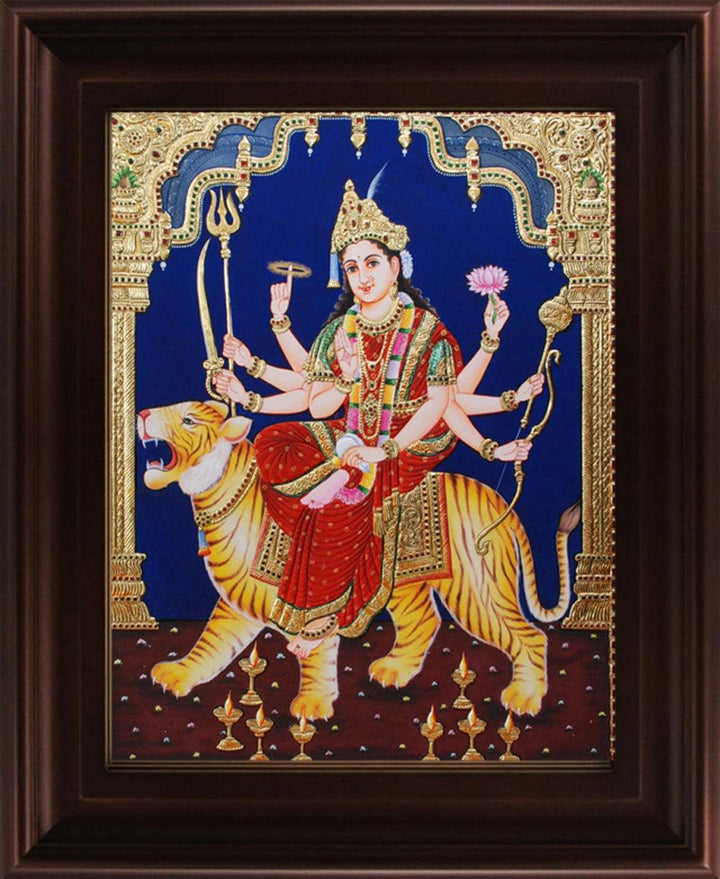 Religious tanjore traditional art titled 'Mahishasuramardini Tanjore Painting', 24x18 inches, by artist Myangadi Tanjore on Plywood