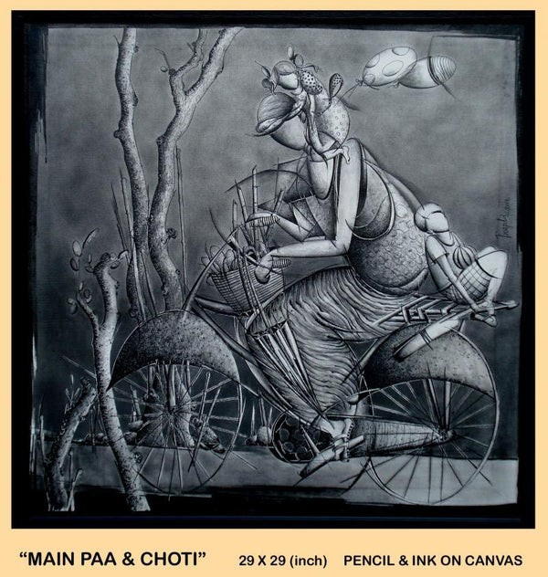 Figurative pencil drawing titled 'Main Paa ' Choti', 30x30 inches, by artist Trapti Gupta on Canvas