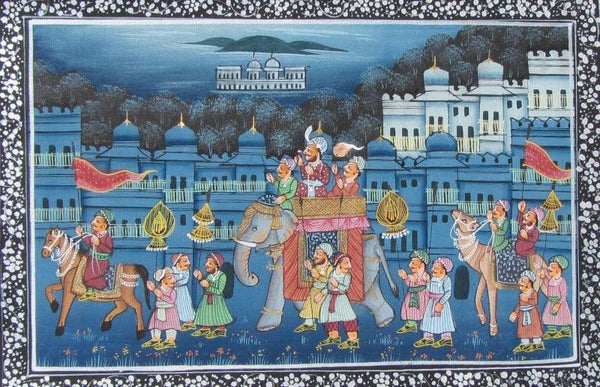 Figurative miniature traditional art titled 'Majestic Mughal King Procession Painting', 6x8 inches, by artist Unknown on Silk