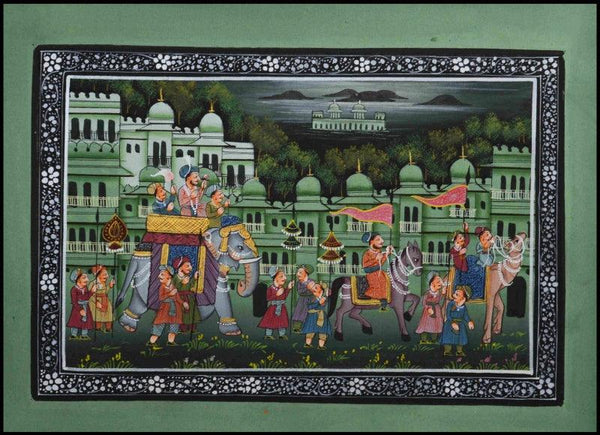 Figurative mughal traditional art titled 'Majestic Royal Procession 1', 7x10 inches, by artist Unknown on Silk