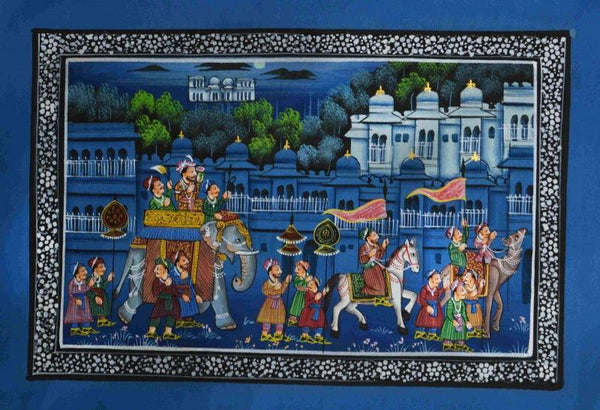 Figurative mughal traditional art titled 'Majestic Royal Procession 2', 7x10 inches, by artist Unknown on Silk