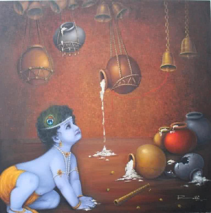 Religious oil painting titled 'Makhan Chor', 36x36 inches, by artist Rakhi Baid on Canvas