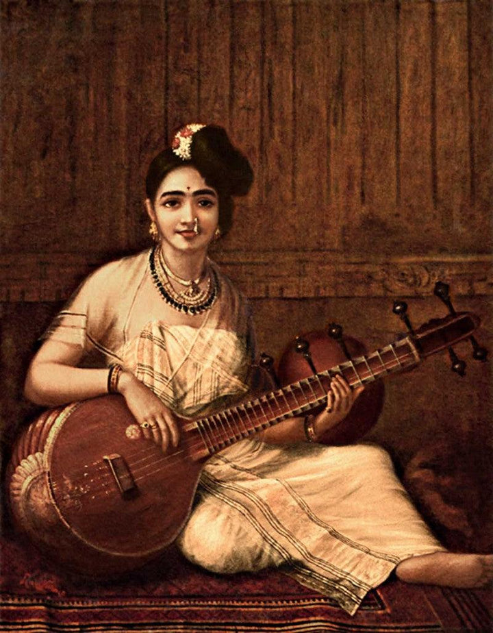 Figurative oil painting titled 'Malabar Lady With Veena', 36x29 inches, by artist Raja Ravi Varma Reproduction on Canvas