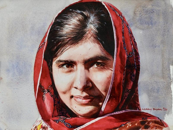 Portrait watercolor painting titled 'Malala', 15x11 inches, by artist Dr Uday Bhan on Paper