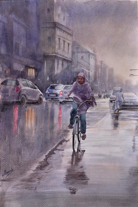 Cityscape watercolor painting titled 'Malviya Road', 22x15 inches, by artist Manish Sharma on Paper