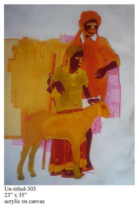 Figurative acrylic painting titled 'Man And Daughter', 23x35 inches, by artist Tailor Srinivas on Canvas