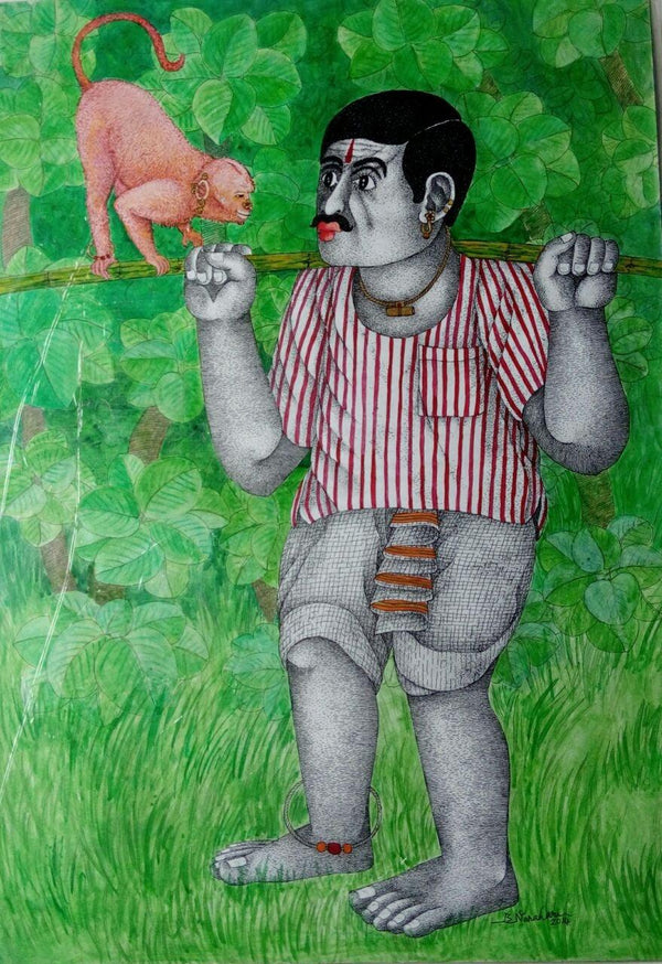 Figurative acrylic painting titled 'Man and Monkey', 30x22 inches, by artist Bhawandla Narahari on Paper