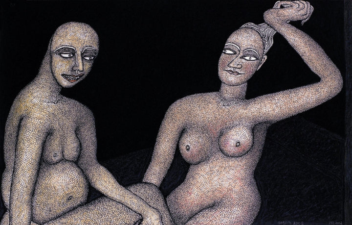 Nude serigraphs painting titled 'Man In Mask', 22x30 inch, by artist Jogen Chowdhury on Paper