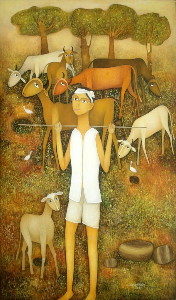 Figurative oil painting titled 'Man With Animals', 28x48 inches, by artist Mohan Naik on Canvas