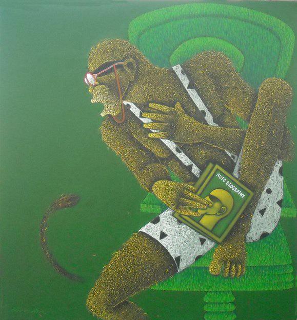 Figurative acrylic painting titled 'Man With Biography', 36x36 inches, by artist Satyajeet Shinde on Canvas