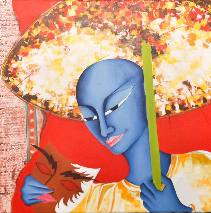 Figurative acrylic painting titled 'Man With Mask ', 24x24 inches, by artist Deepali Mundra on Canvas