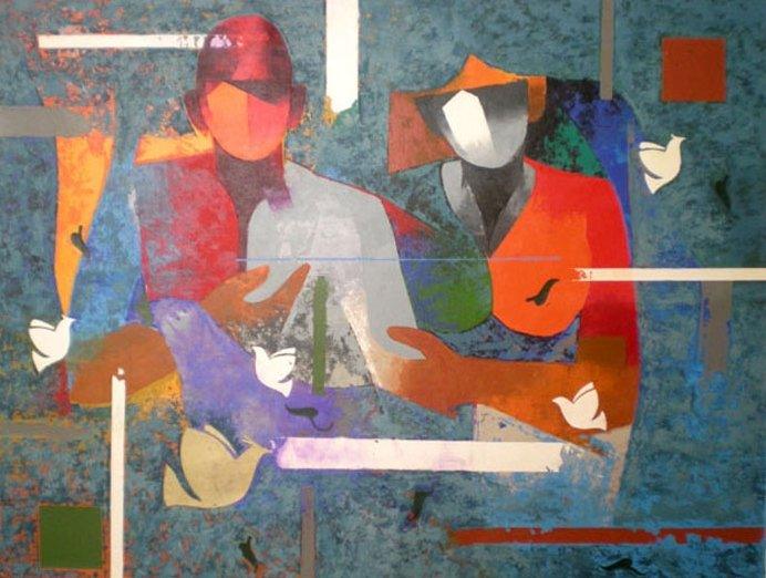 Figurative acrylic painting titled 'Man Woman', 36x48 inches, by artist Ranjit Singh on Canvas