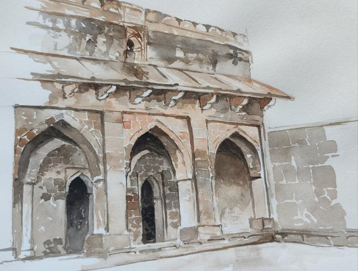 Cityscape watercolor painting titled 'Manav', 13x20 inches, by artist Dhirendra Mandge on Paper