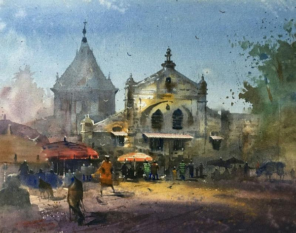 Cityscape watercolor painting titled 'Mandai Pune', 14x18 inches, by artist Rupesh Sonar on Paper