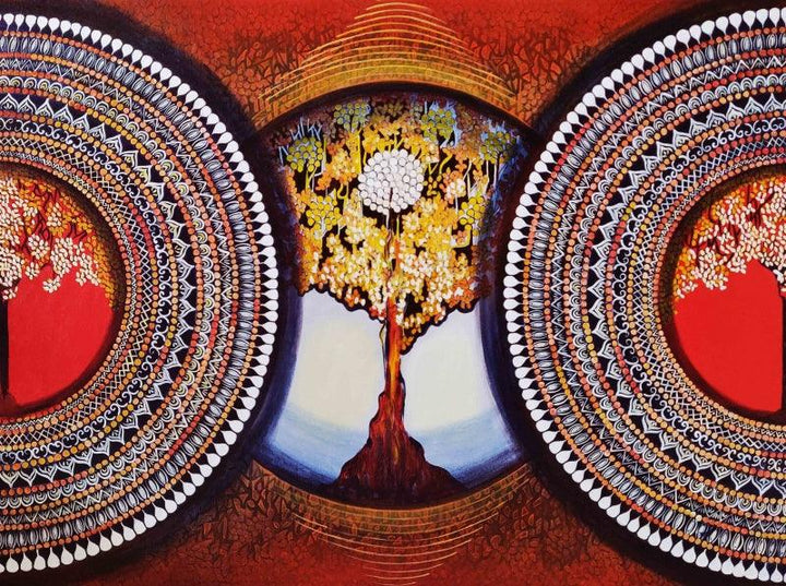 Nature acrylic painting titled 'Mandala Expansion Beyond Dimension 2', 40x30 inches, by artist NITU CHHAJER on Canvas