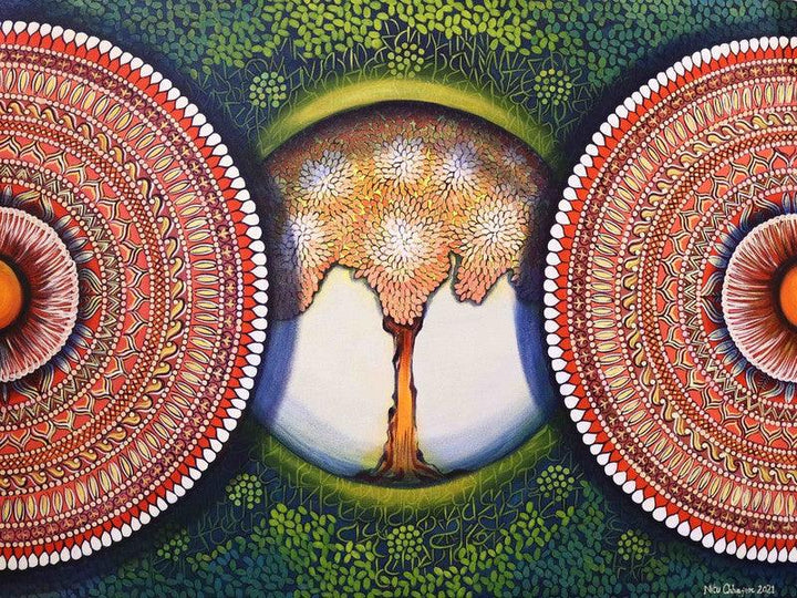 Nature acrylic painting titled 'Mandala Expansion Beyond Dimension 3', 30x40 inches, by artist NITU CHHAJER on canvas