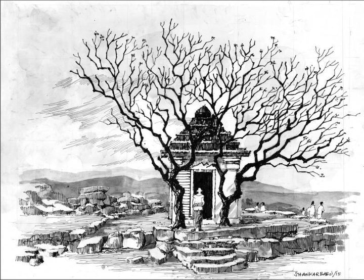 Scenic pen drawing titled 'Mandir', 11x14 inches, by artist Sankara Babu on Paper