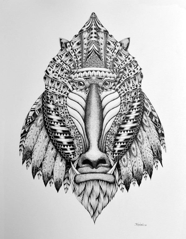 Animals pen drawing titled 'Mandrill', 30x22 inches, by artist Kushal Kumar on Paper