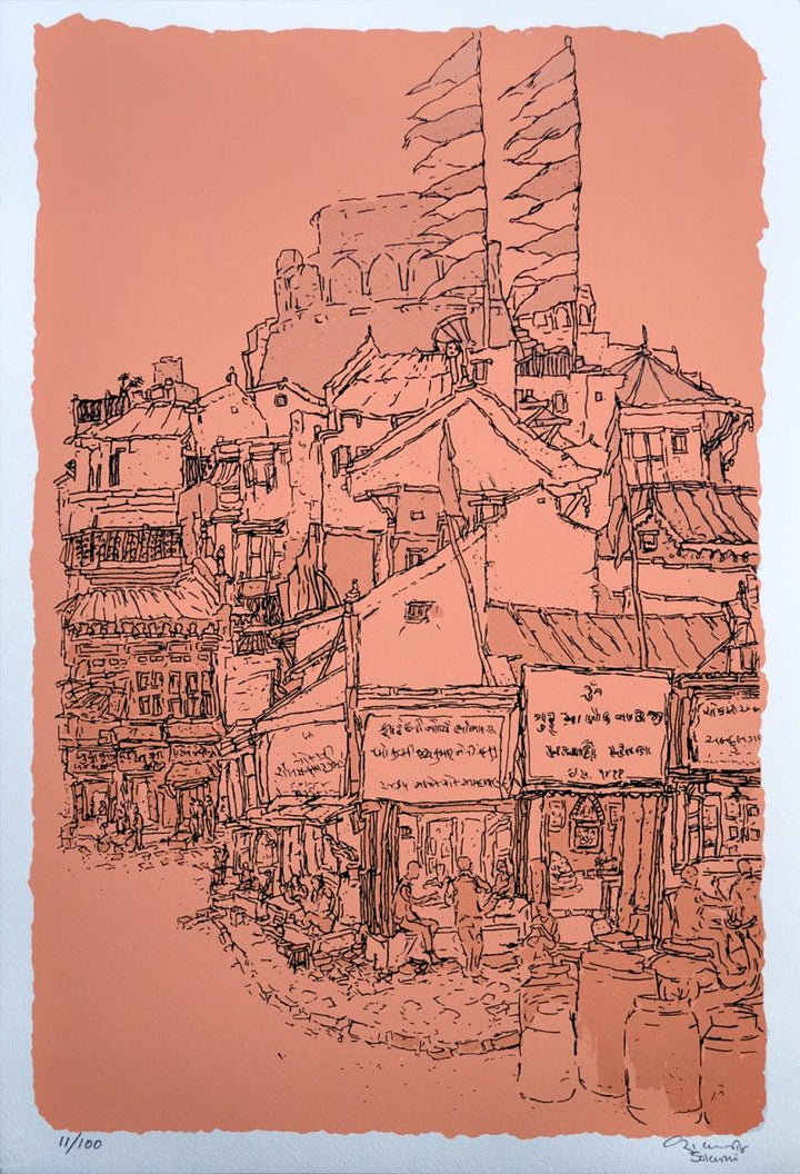 Cityscape serigraphs painting titled 'Manek Chowk', 22x15 inches, by artist Vrindavan Solanki on Paper