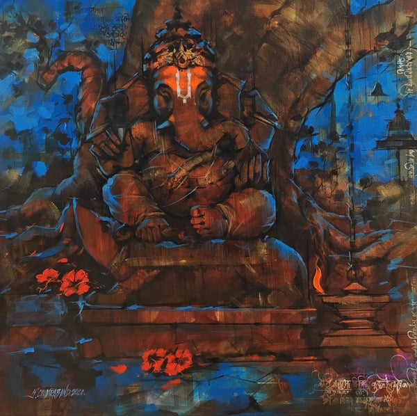 Religious acrylic painting titled 'Mangalamurti', 30x30 inch, by artist Sandeep Chhatraband on Canvas