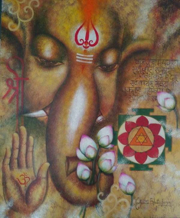 Religious acrylic painting titled 'Mangalmurti', 36x30 inches, by artist Madhumita Bhattacharya on Canvas