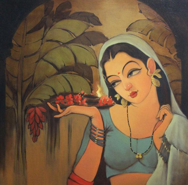 Figurative oil painting titled 'Mangalya', 30x30 inches, by artist Renuka Fulsoundar on Canvas