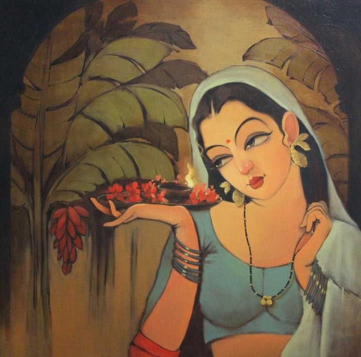 Figurative oil painting titled 'Mangalya', 30x30 inches, by artist Renuka Fulsoundar on Canvas