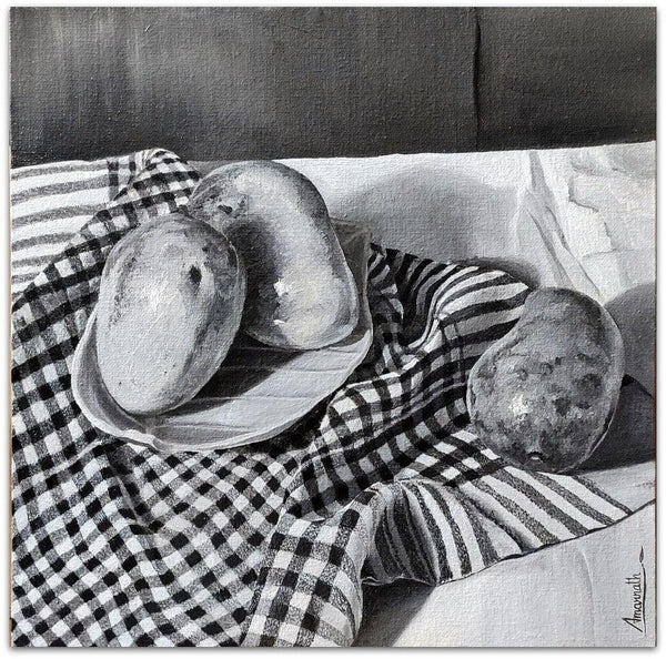 Food oil painting titled 'Mangoes', 12x12 inches, by artist Amarnath Paul on Canvas Board