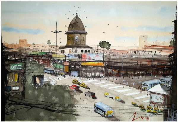 Cityscape watercolor painting titled 'Manicktala More Kolkata', 7x11 inches, by artist Arunava Ray on Paper