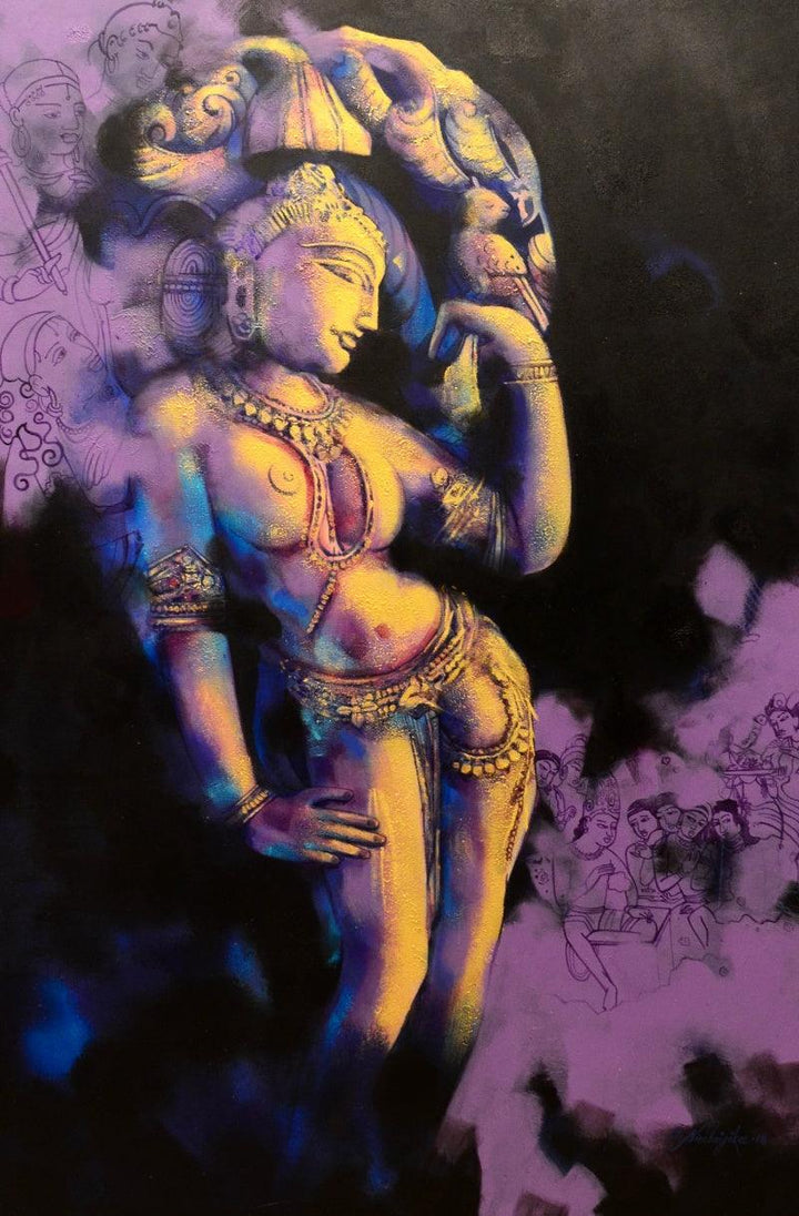 Religious acrylic painting titled 'Manikarnika', 72x48 inches, by artist Devendra Nimbargikar on Canvas