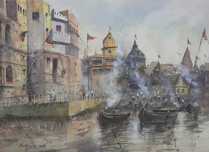 Cityscape watercolor painting titled 'Manikarnika Ghat Banaras', 20x14 inches, by artist Mrutyunjaya Dash on paper