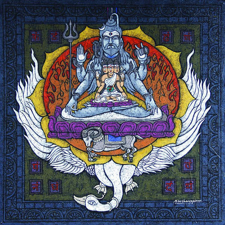 Religious mixed media titled 'Manipuraka Chakra Copy', 36x36 inches, by artist Kunuu Bhushayya on Canvas