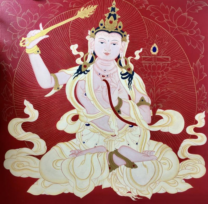 Religious acrylic painting titled 'Manjushri', 36x36 inches, by artist Aditi Agarwal on Canvas