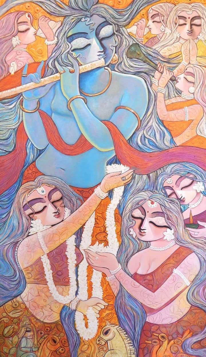 Religious acrylic painting titled 'Manohara', 67x39 inches, by artist Subrata Ghosh on Canvas