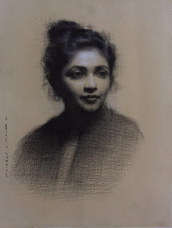 Figurative charcoal painting titled 'Mansi 1', 14x11 inches, by artist Vaibhav Naik on Paper