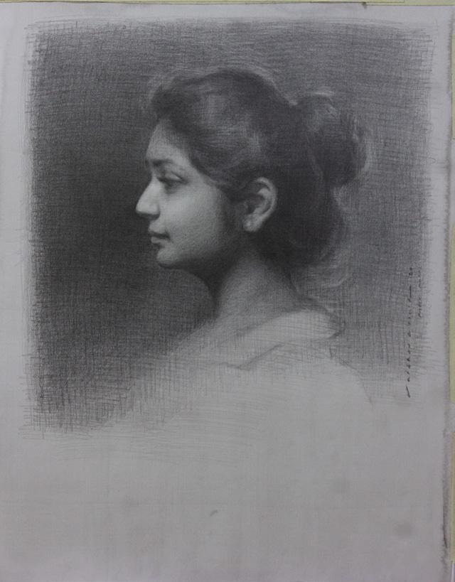 Figurative charcoal painting titled 'Mansi 2', 14x11 inches, by artist Vaibhav Naik on Paper