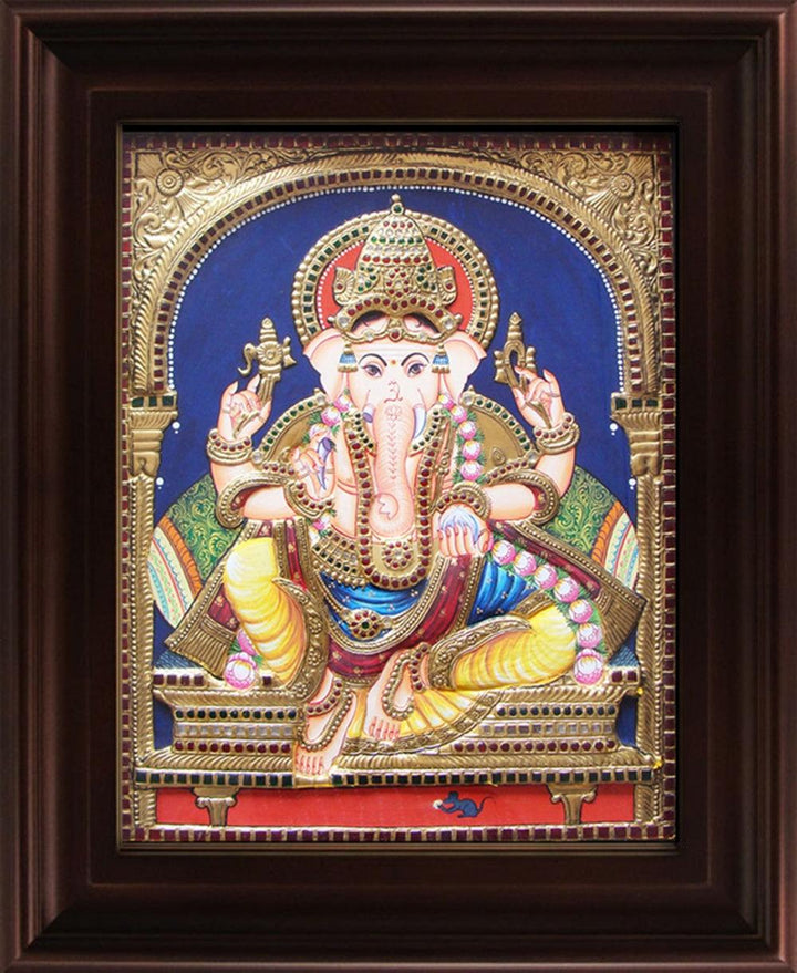 Religious tanjore traditional art titled 'Mantap Ganesha Tanjore Painting 2', 24x18 inches, by artist Myangadi Tanjore on Plywood