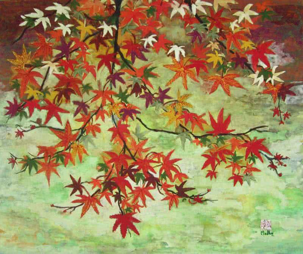 Landscape tempera painting titled 'Maples In Autumn', 24x20 inches, by artist Madhu Jain on handmade paper