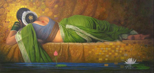 Photorealistic oil painting titled 'Marathi Woman', 24x48 inches, by artist Baburao (amit) Awate on Canvas