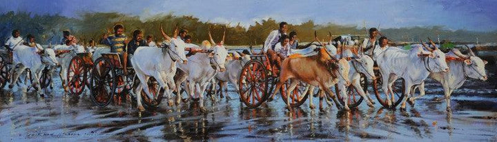 Figurative oil painting titled 'March Toward Succses', 24x72 inches, by artist Jitendra Gaikwad on Canvas